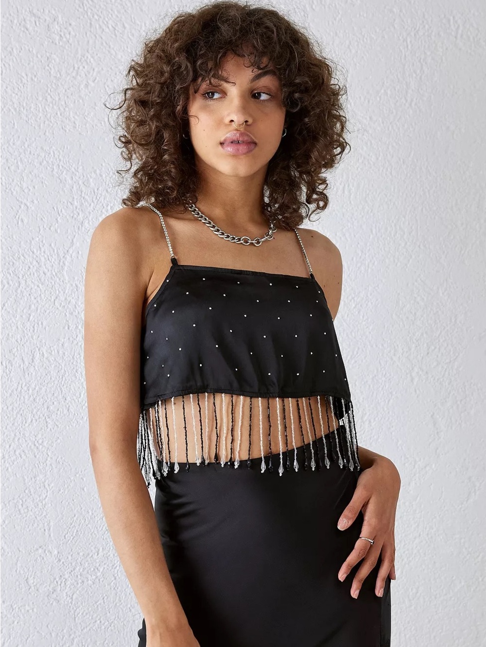 Urban Outfitters Black Beaded Fringe Crop Cami